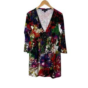 Calessa Beaded Dress Womens Size‎ XL Vibrant Paint Splatter Floral Print V Neck
